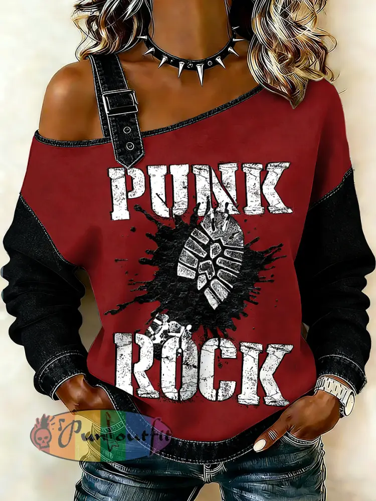 Women’s Punk Printed One Shoulder Suspender Casual Sweater