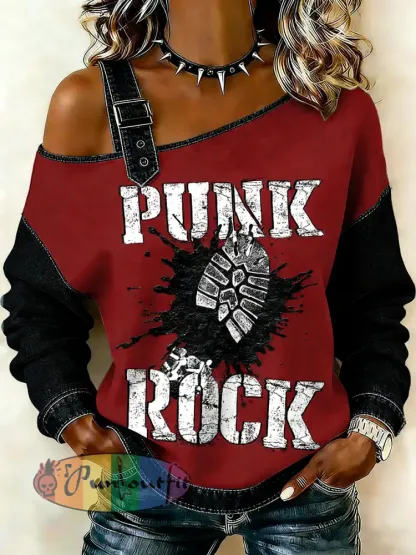 Women’s Punk Printed One Shoulder Suspender Casual Sweater