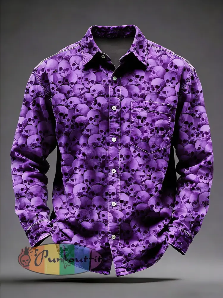 Men’s Retro Psychedelic Skull Printed Long Sleeved Pocket Shirt