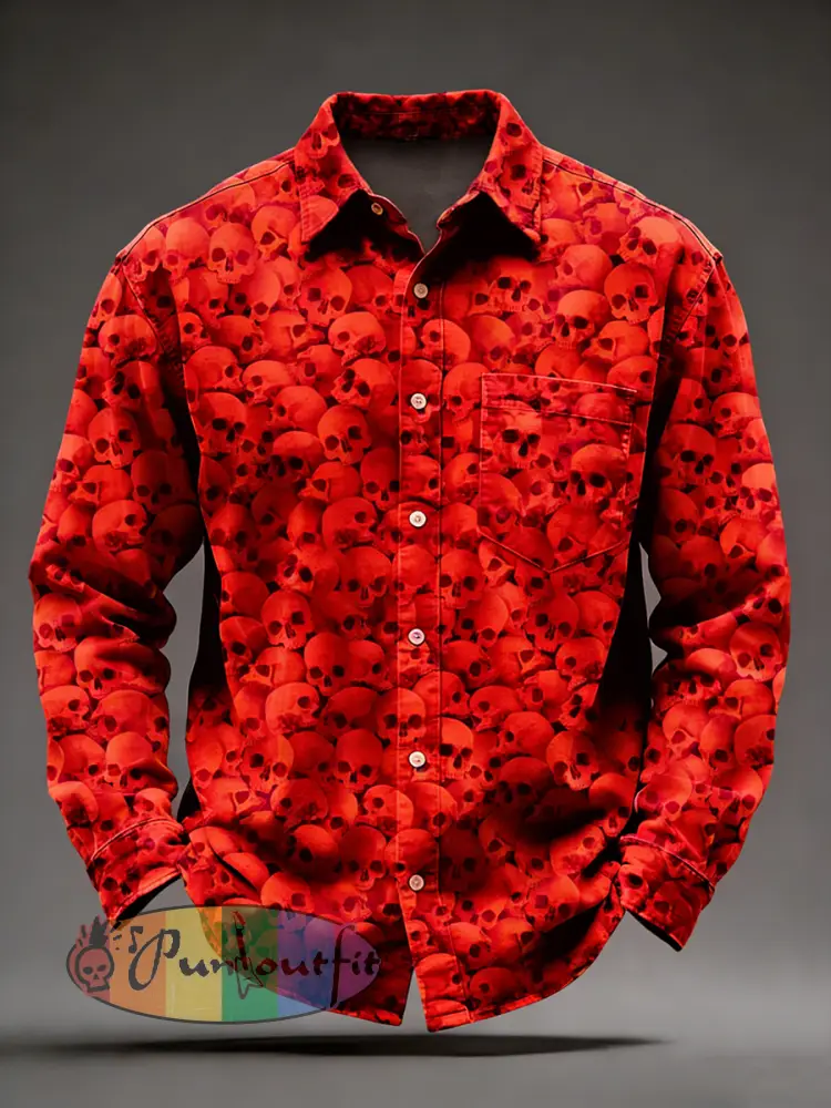 Men’s Retro Psychedelic Skull Printed Long Sleeved Pocket Shirt