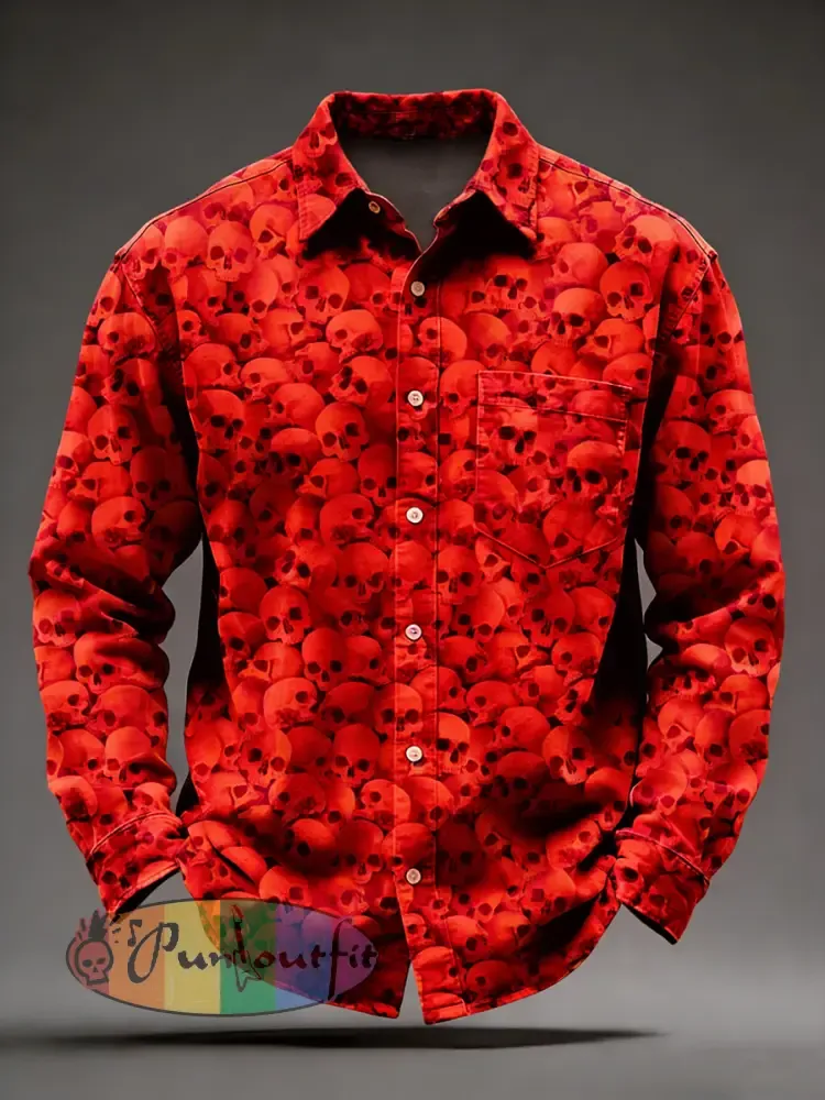 Men’s Retro Psychedelic Skull Printed Long Sleeved Pocket Shirt