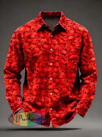 Men’s Retro Psychedelic Skull Printed Long Sleeved Pocket Shirt