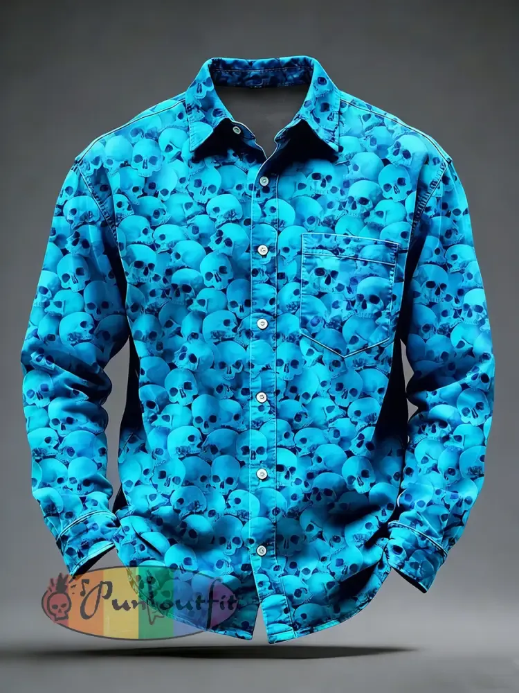 Men’s Retro Psychedelic Skull Printed Long Sleeved Pocket Shirt
