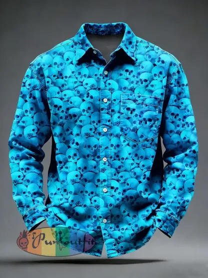 Men’s Retro Psychedelic Skull Printed Long Sleeved Pocket Shirt