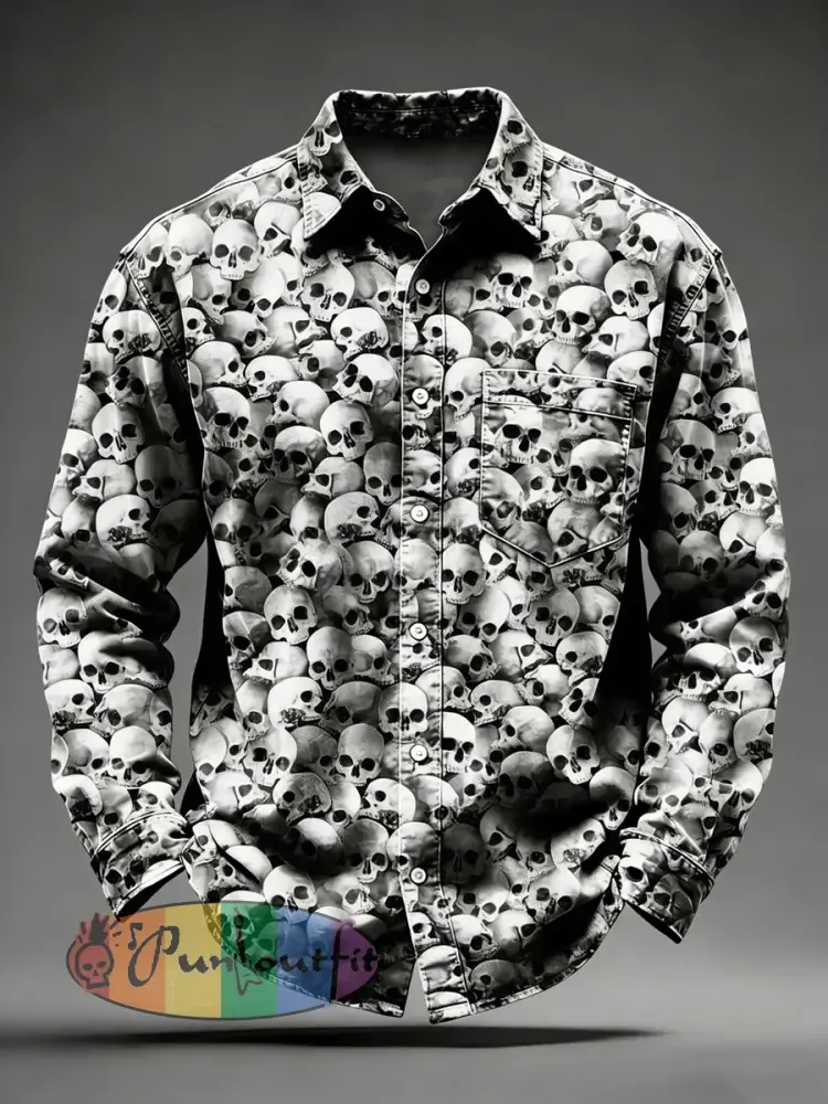 Men’s Retro Psychedelic Skull Printed Long Sleeved Pocket Shirt