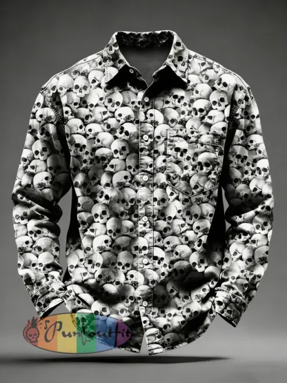 Men’s Retro Psychedelic Skull Printed Long Sleeved Pocket Shirt