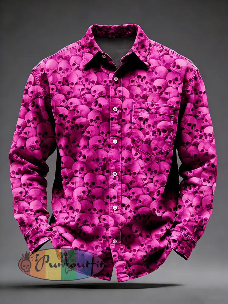 Men’s Retro Psychedelic Skull Printed Long Sleeved Pocket Shirt