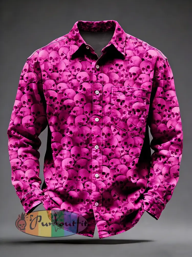 Men’s Retro Psychedelic Skull Printed Long Sleeved Pocket Shirt