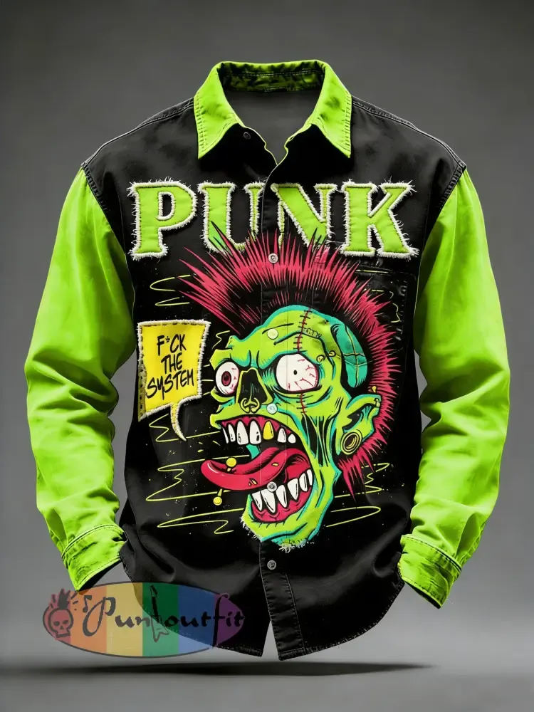 Men’s Retro Punk Skull Printed Long Sleeved Pocket Shirt