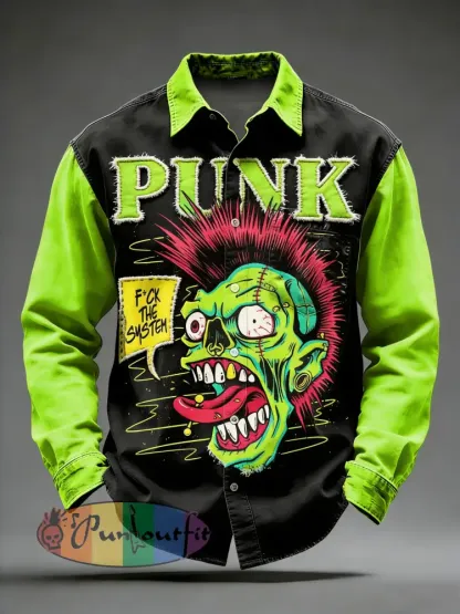 Men’s Retro Punk Skull Printed Long Sleeved Pocket Shirt