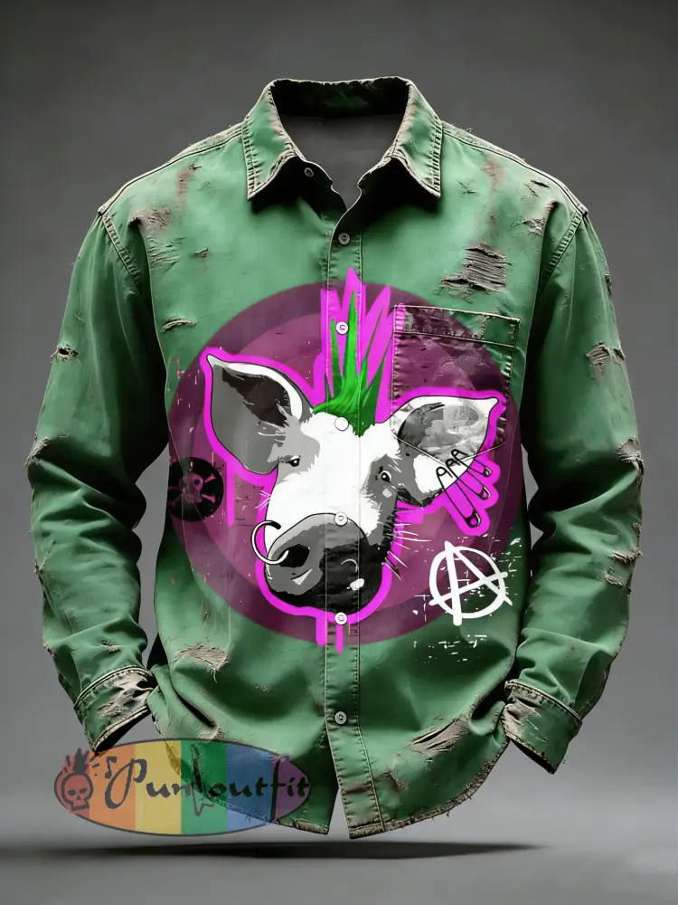 Men’s Retro Punk Printed Long Sleeved Pocket Shirt