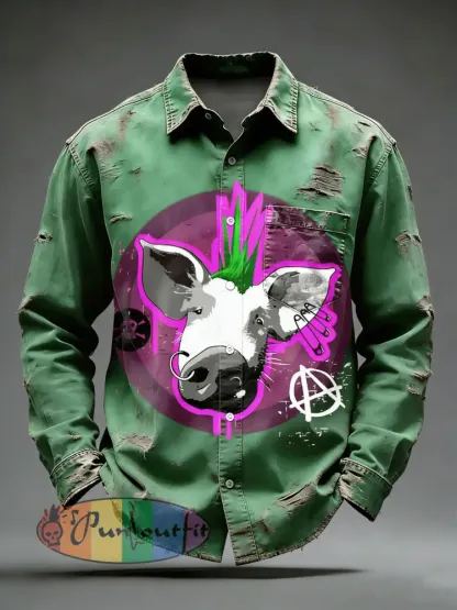Men’s Retro Punk Printed Long Sleeved Pocket Shirt