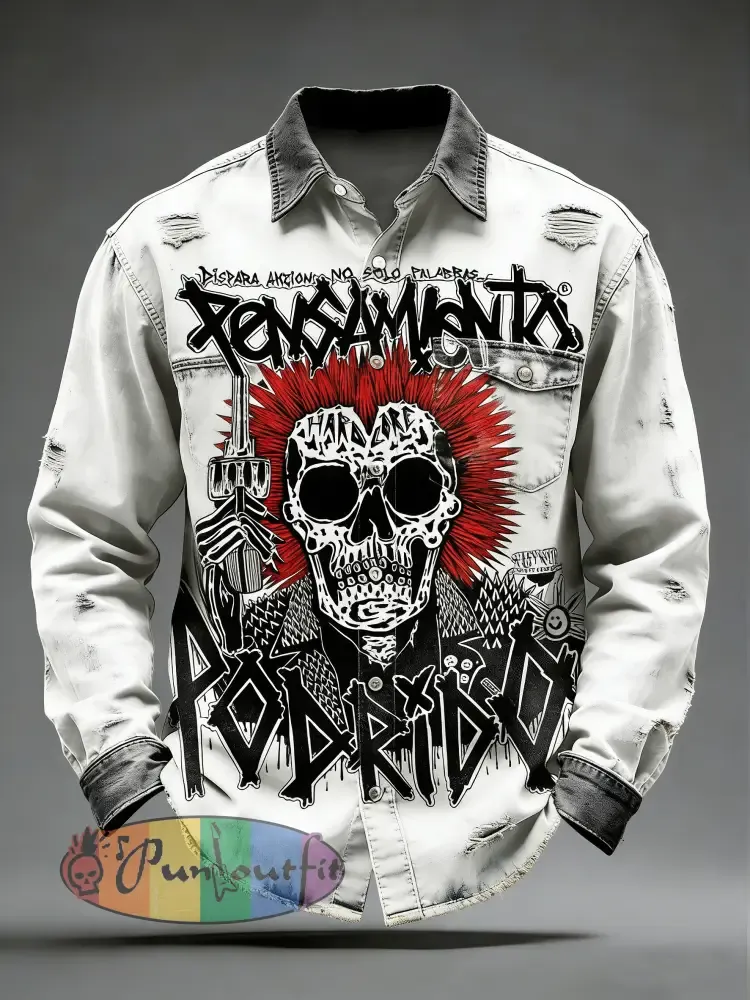 Men’s Retro Punk Skull Printed Long Sleeved Pocket Shirt