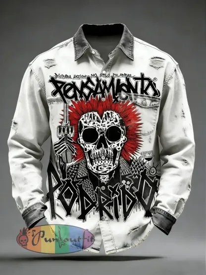 Men’s Retro Punk Skull Printed Long Sleeved Pocket Shirt