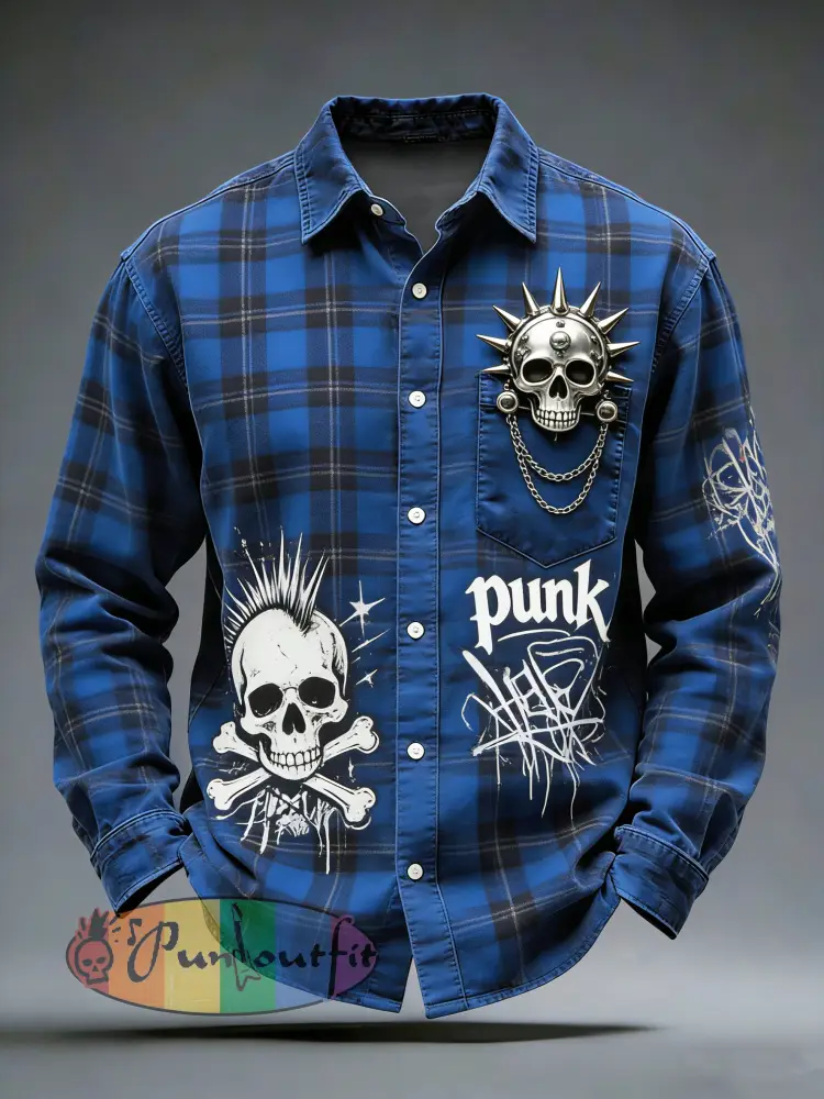 Men’s Retro Punk Skull Printed Long Sleeved Pocket Shirt