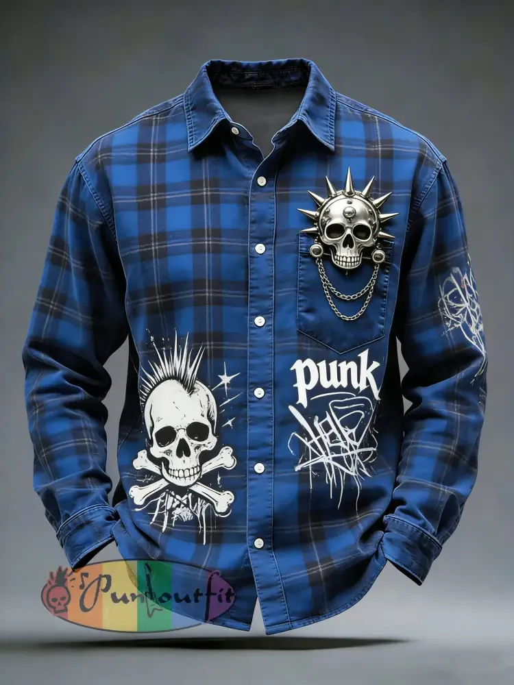 Men’s Retro Punk Skull Printed Long Sleeved Pocket Shirt