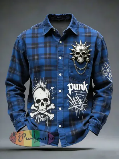 Men’s Retro Punk Skull Printed Long Sleeved Pocket Shirt