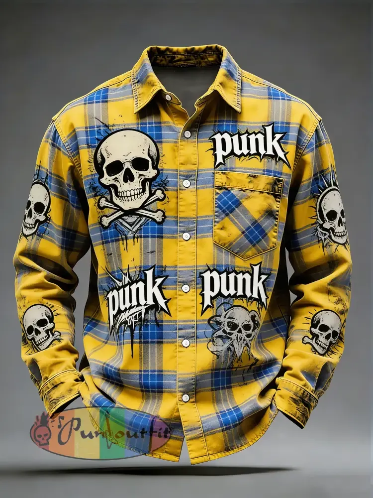 Men’s Retro Punk Skull Printed Long Sleeved Pocket Shirt