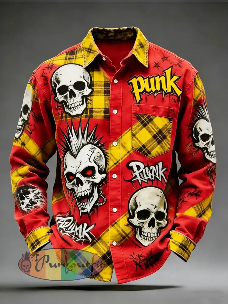 Men’s Retro Punk Skull Printed Long Sleeved Pocket Shirt