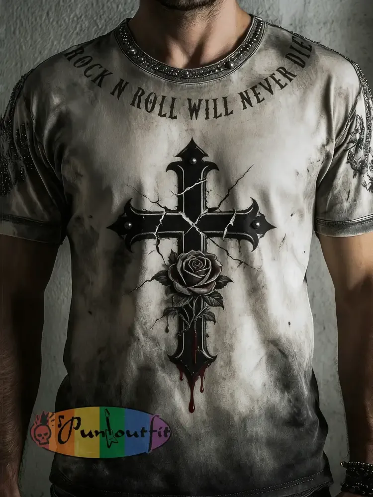 Men’s Dark Gothic Printed Vintage Fashion Loose Short Sleeve T-Shirt