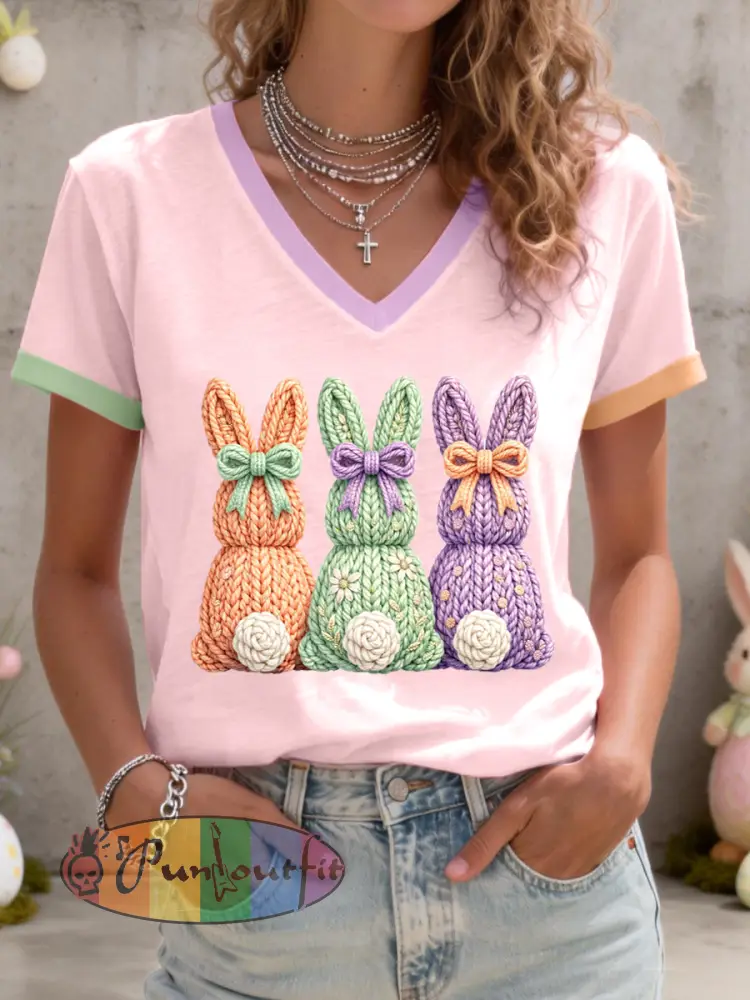 Women’s Cute Bunny Pattern V-Neck T-Shirt