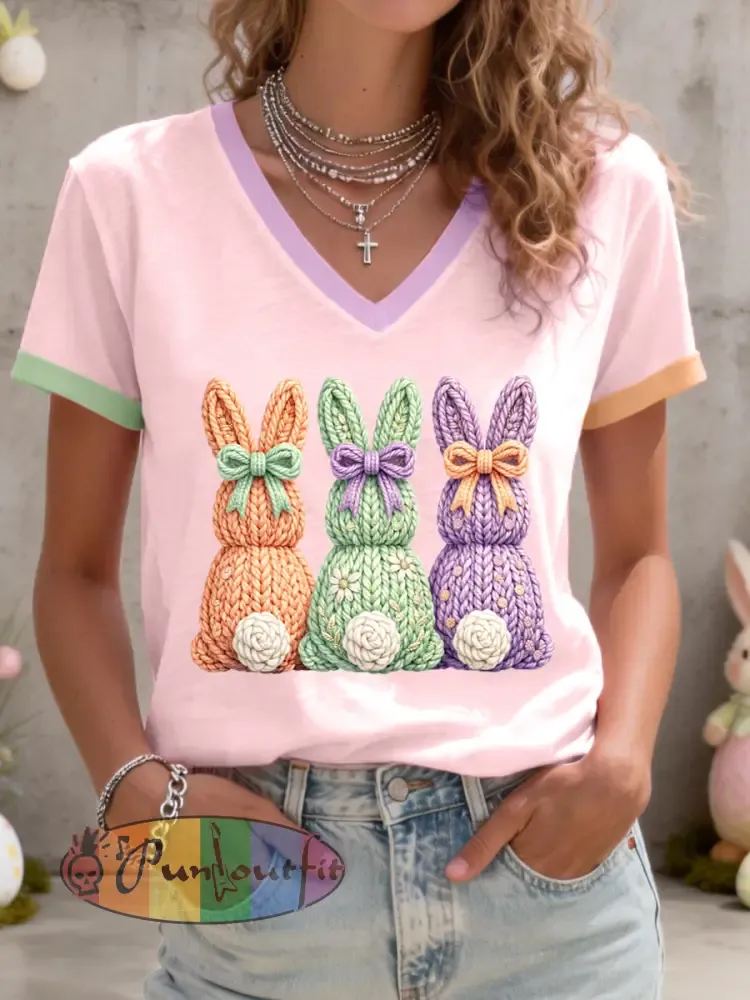 Women’s Cute Bunny Pattern V-Neck T-Shirt