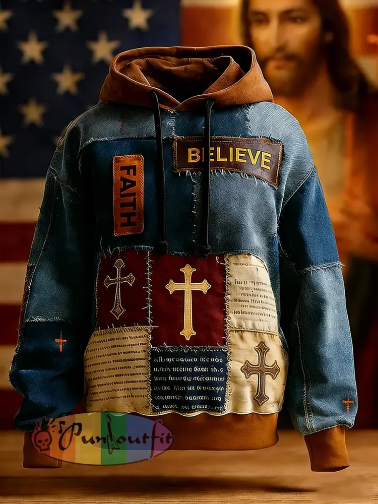 Men’s Vintage Faith Cross Art Print Casual Hoodie
