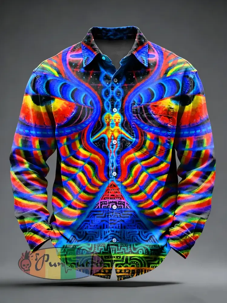 Men’s Retro Psychedelic Printed Long Sleeved Pocket Shirt