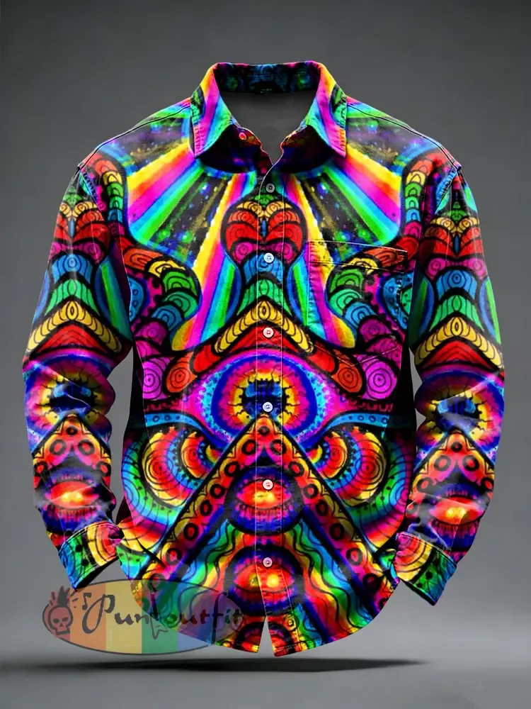 Men’s Retro Psychedelic Printed Long Sleeved Pocket Shirt