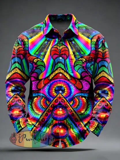 Men’s Retro Psychedelic Printed Long Sleeved Pocket Shirt