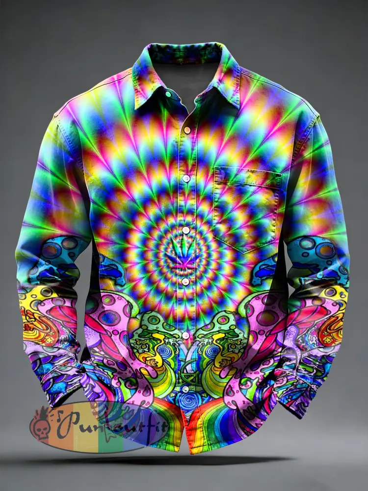Men’s Retro Psychedelic Printed Long Sleeved Pocket Shirt