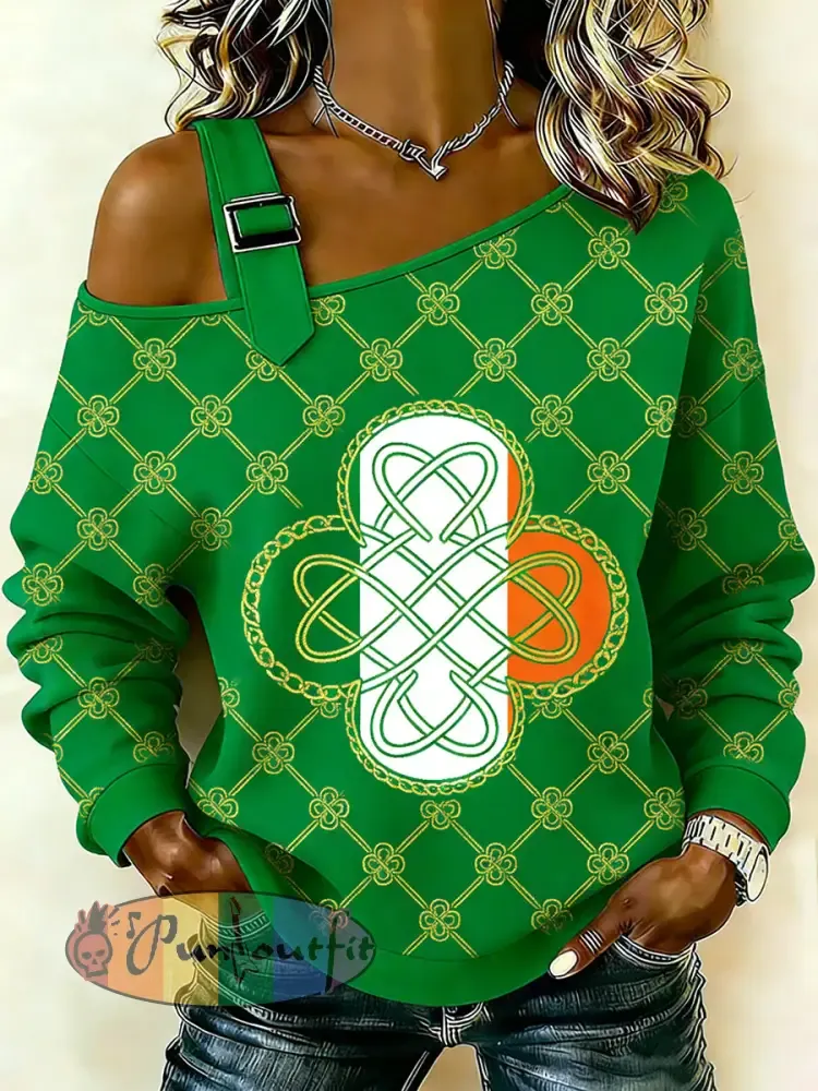 Women’s Retro St. Patrick’s Day Printed Casual Off-Shoulder Sweatshirt