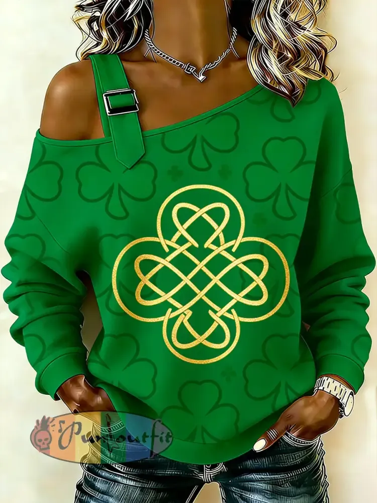 Women’s Retro St. Patrick’s Day Printed Casual Off-Shoulder Sweatshirt