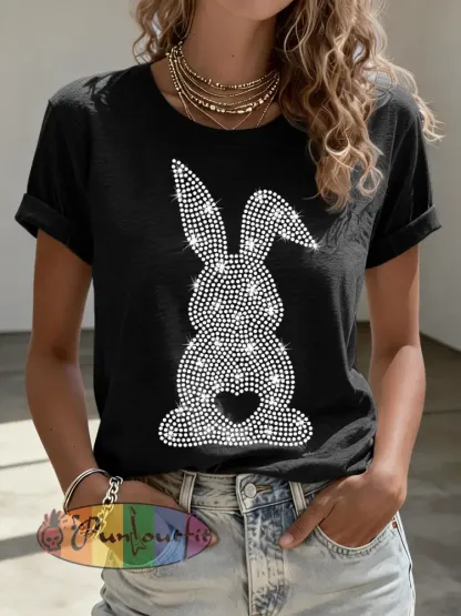 Women’s Cute Bunny Rhinestone Pattern T-Shirt