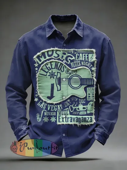 Men’s Retro Punk Printed Long Sleeved Pocket Shirt