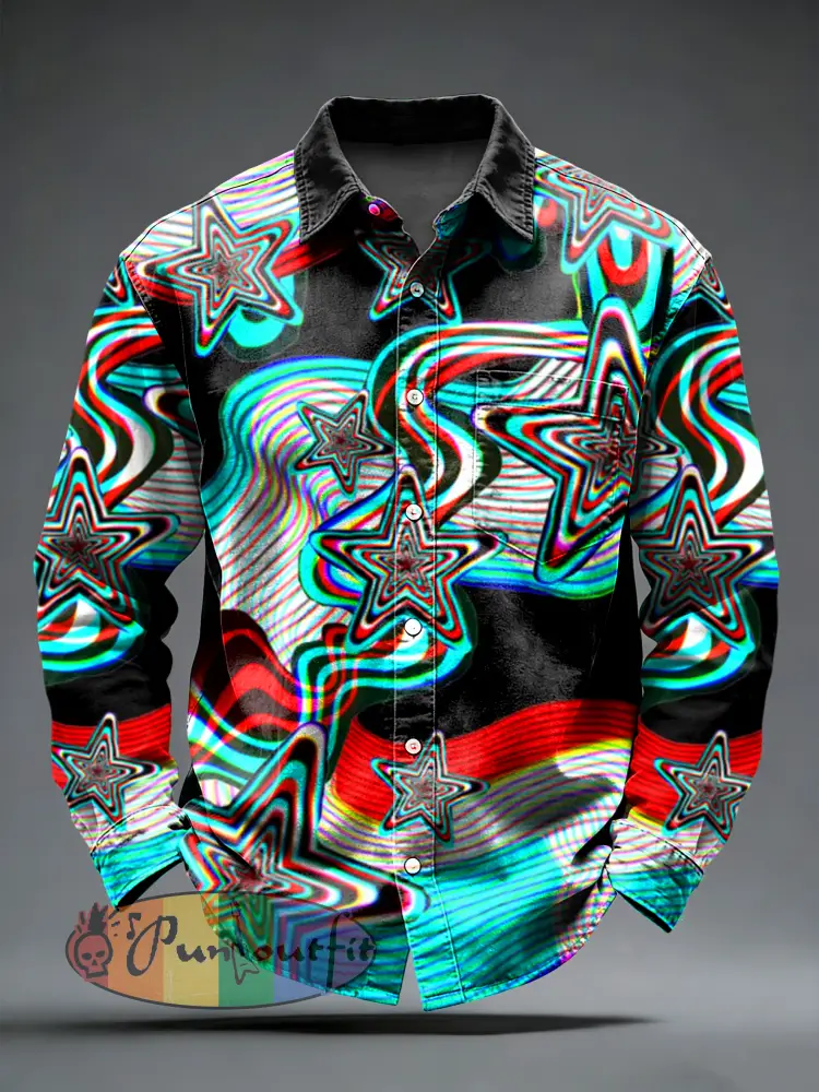 Men’s Retro Psychedelic Printed Long Sleeved Pocket Shirt
