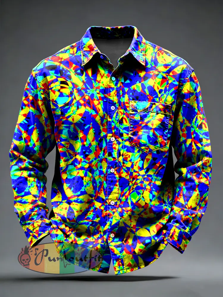 Men’s Retro Psychedelic Printed Long Sleeved Pocket Shirt