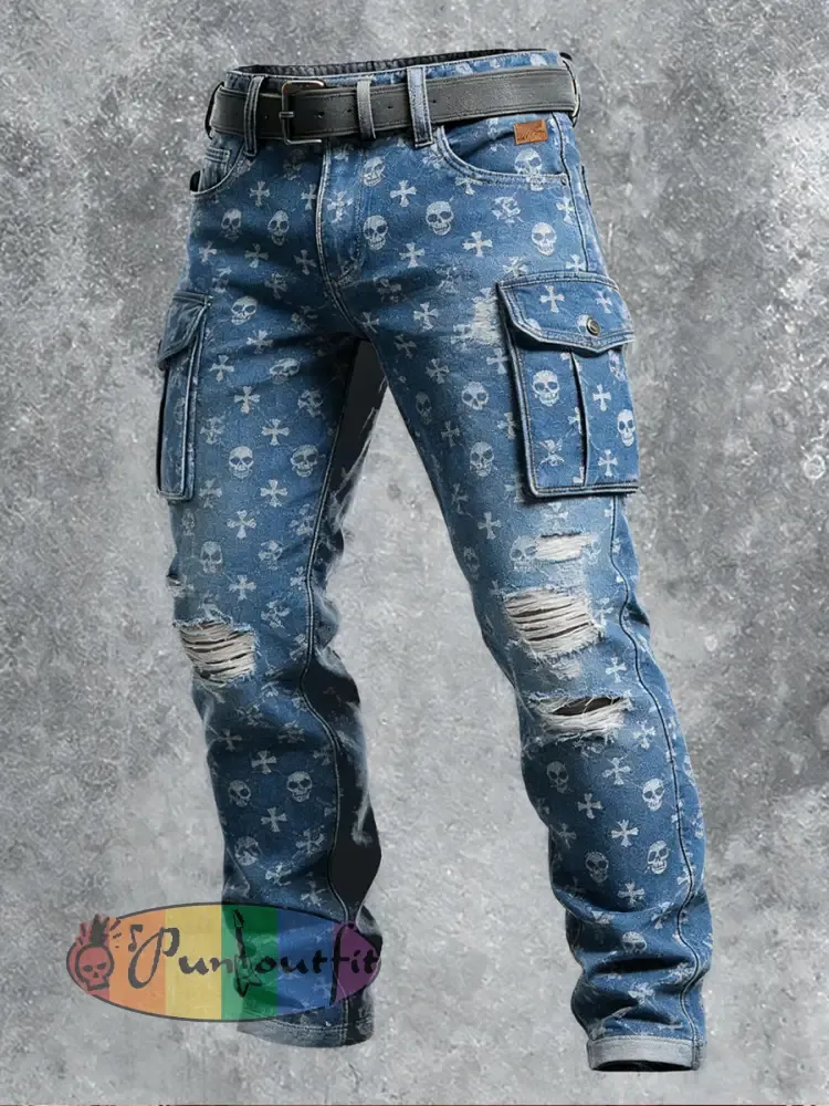 Men’s Retro Vacation Business Punk Skull Art Print Casual Workwear Trousers