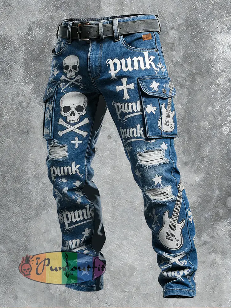 Men’s Retro Vacation Business Punk Skull Art Print Casual Workwear Trousers
