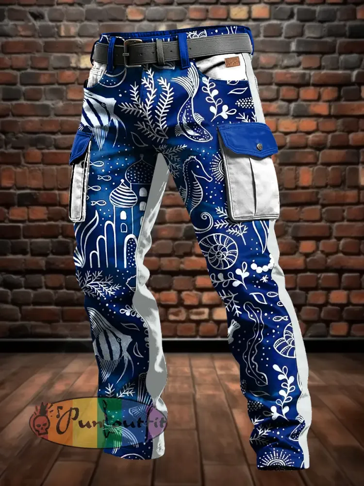Men’s Retro Vacation Business Art Print Casual Workwear Trousers