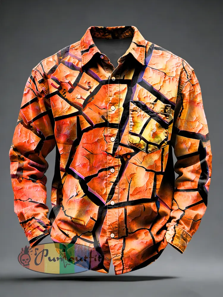 Men’s Retro Psychedelic Printed Long Sleeved Pocket Shirt