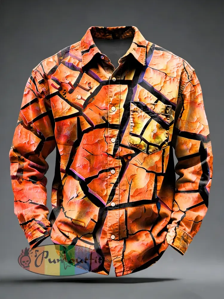 Men’s Retro Psychedelic Printed Long Sleeved Pocket Shirt