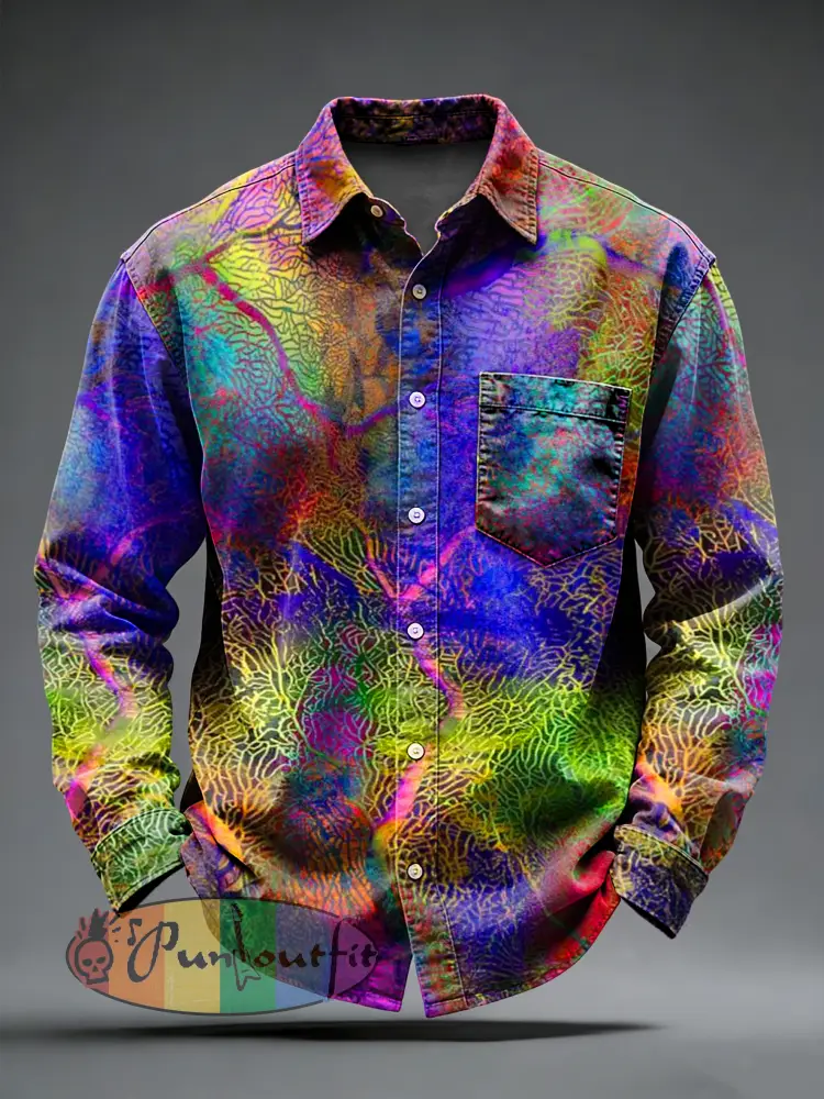 Men’s Retro Psychedelic Printed Long Sleeved Pocket Shirt