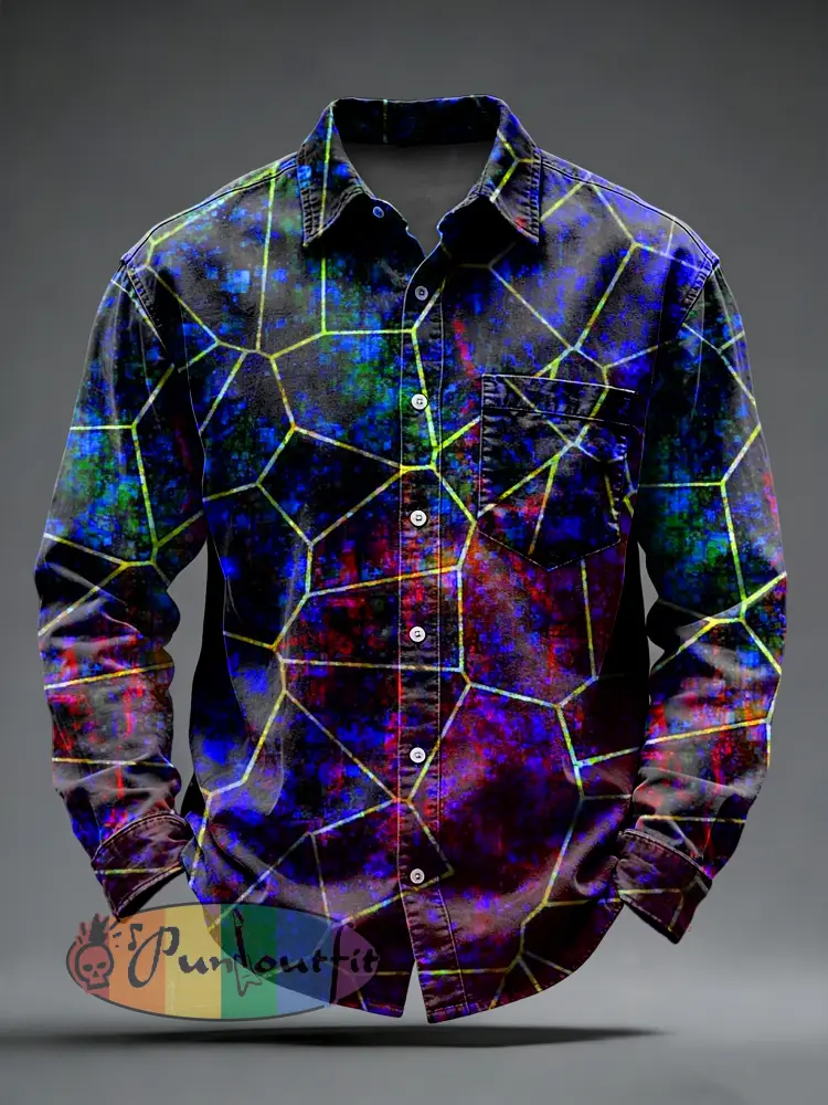 Men’s Retro Psychedelic Printed Long Sleeved Pocket Shirt