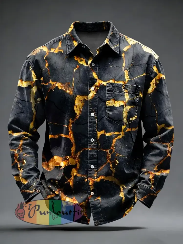 Men’s Retro Psychedelic Printed Long Sleeved Pocket Shirt