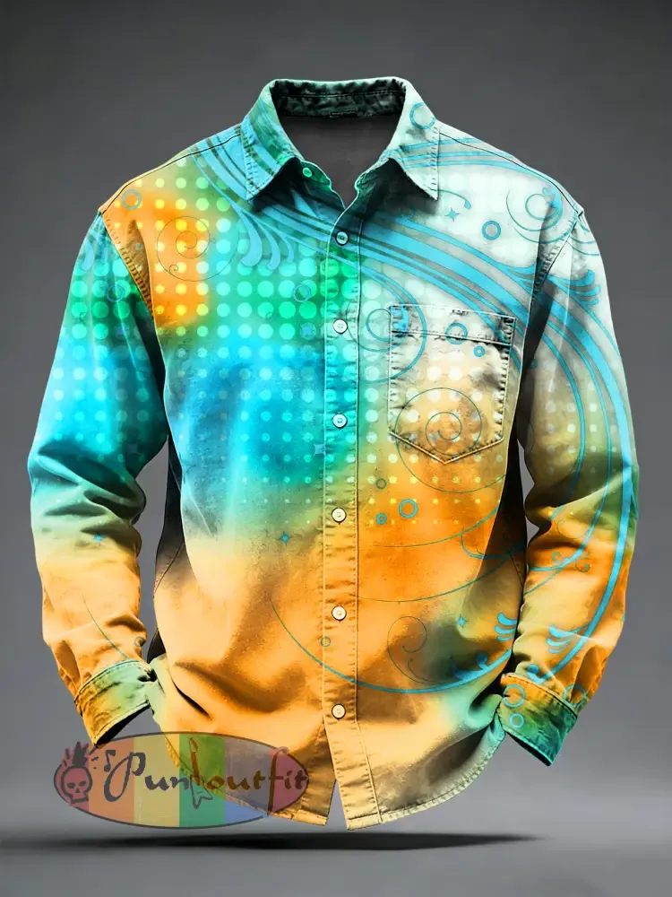 Men’s Retro Psychedelic Printed Long Sleeved Pocket Shirt