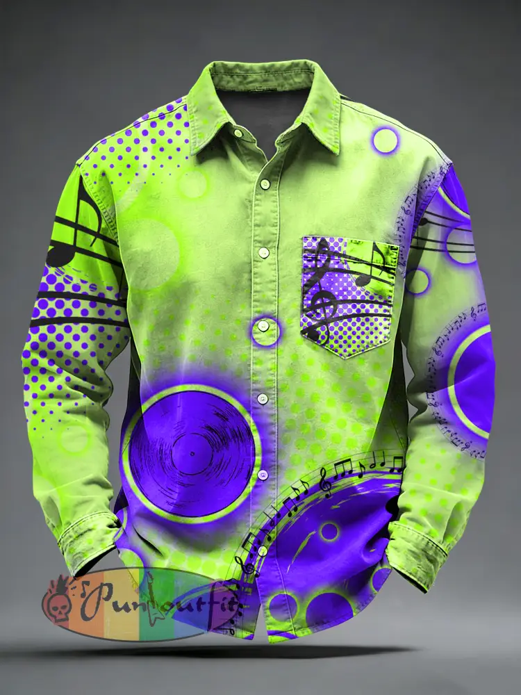 Men’s Retro Music Printed Long Sleeved Pocket Shirt