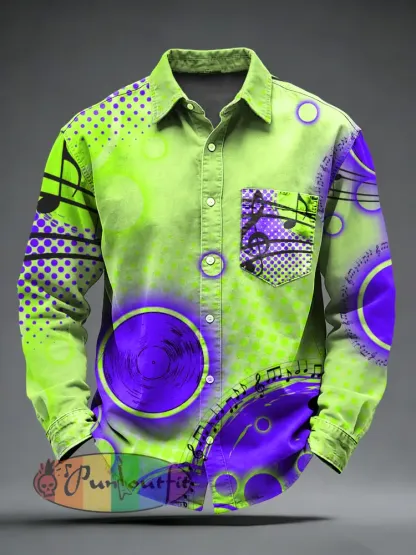 Men’s Retro Music Printed Long Sleeved Pocket Shirt