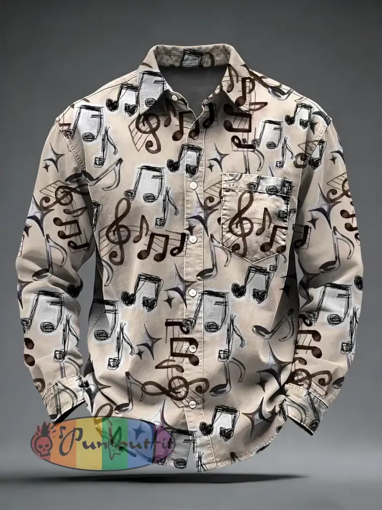 Men’s Retro Music Printed Long Sleeved Pocket Shirt