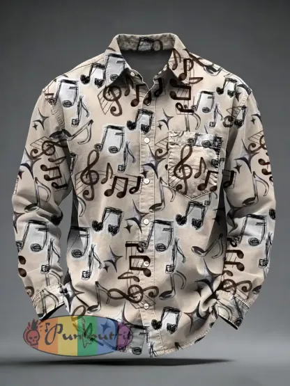 Men’s Retro Music Printed Long Sleeved Pocket Shirt